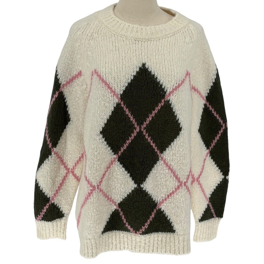 Massimo Dutti Sweater Cream Argyle Wool‎ Mohair Blend Made in Italy Large